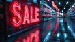 © LuvTK - Bright neon 'SALE' signs glowing in a dark, vacant store, reflections of red light on a polished floor, empty shelves and racks in the background, soft shadows,