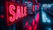 © LuvTK - Bright neon 'SALE' signs glowing in a dark, vacant store, reflections of red light on a polished floor, empty shelves and racks in the background, soft shadows,