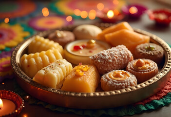 Delight in vibrant assortment of traditional sweets arranged beautifully on decorative plate, perfect for festive celebrations. colorful background enhances joyful atmosphere