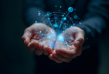 Innovative hands holding digital network, symbolizing technology and connection. glowing blue particles represent data and communication in modern world