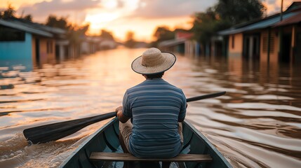 Man rowing a boat through floodwaters, submerged houses in the background, warm sunset lighting, medium shot