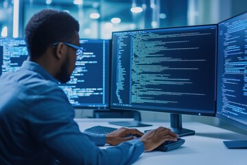 A software developer coding on multiple monitors in a modern office environment at night