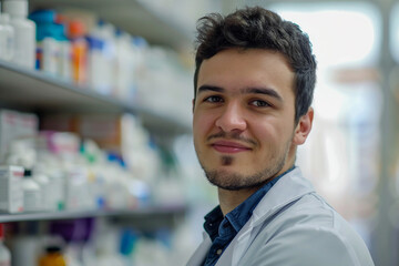 Wall Mural - Photo of pharmacist stands in medical robe smiling in pharmacy shop full of medicines generative AI