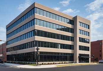 Modern commercial building with sleek glass and steel design, featuring multiple floors in an urban area with a solid foundation