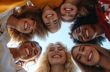 Wall Mural - Photo from below of a group of seven smiling women standing in a circle. The scene is happy and joyful