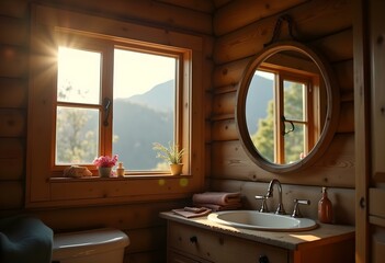 Wall Mural - A round, wooden-framed mirror above a rustic sink in a countryside cabin create with ai