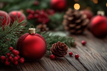 Festive Christmas Background with Red Baubles and Pine Cones