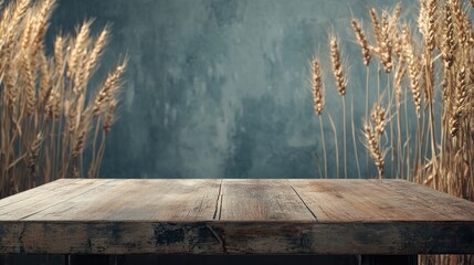 Wall Mural - Serene wheat field behind a rustic wooden podium on a weathered table, ideal for Shavuot-inspired designs and product presentation.