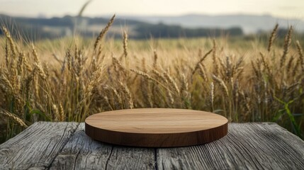 Wall Mural - Wooden podium with wheat fields in the background, sitting on a weathered table, perfect for capturing the harvest spirit for Shavuot-inspired products.