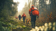 © alisluch - Search and rescue team with a dog tracking a missing person in a dense forest, surrounded by trees and soft natural light. Copy space