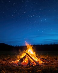 a glowing campfire with stars twinkling above, warm and inviting, night glowtime, outdoor adventure 