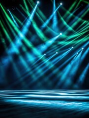 Wall Mural - abstract background of blue and green stage lights shining on a dark stage