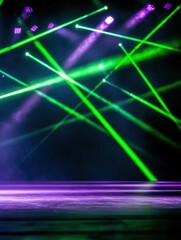 Wall Mural - abstract background with green and purple laser lights shining on a dark stage, perfect for use in a