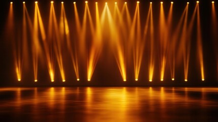 Wall Mural - a close up of a stage with many golden spotlights illuminating the area in front. there are many ref