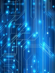 Abstract blue circuit board background with glowing lights.