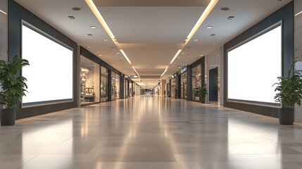 Wall Mural - A large, empty shopping mall with a few potted plants and a few signs