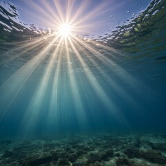 ocean underwater view whith sunrays comming from surface of water