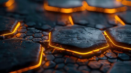 A close-up shot of a textured, black hexagonal pattern with glowing yellow lines running across the surface.