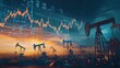 © 海翰 章 - Oil and Finance Sunset - Dramatic sky with a setting sun illuminating oil rigs and a stock market chart, symbolizing the interconnectedness of the energy and financial sectors.