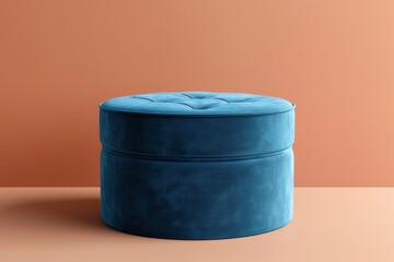 Stylish blue round ottoman against a warm orange wall in a modern interior setting