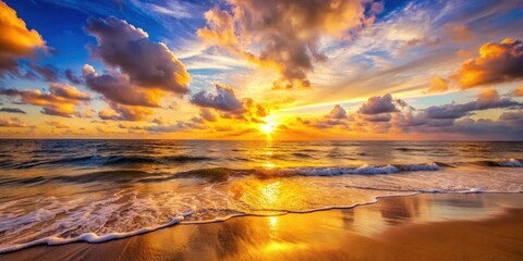 Twilight golden sunset beach with calm waves and colorful sky, sunset, beach, twilight, golden, waves, calm, ocean