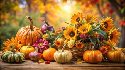 Vibrant autumn harvest featuring colorful pumpkins and fall flowers, autumn, harvest, vibrant, pumpkins, fall, flowers