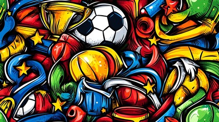 Canvas Print - A playful sports fever doodle pattern featuring soccer balls, tennis rackets, basketball hoops, and football helmets, with swirling lines, stars, and trophies,