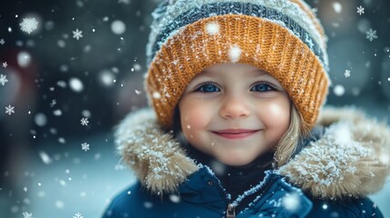 Wall Mural - A young girl wearing a yellow hat and a blue coat is smiling in the snow