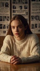 Intriguing Gaze: A young woman with long brown hair sits at a wooden table, her piercing gaze locked on the camera. The background features a wall covered in faded newspaper clippings.