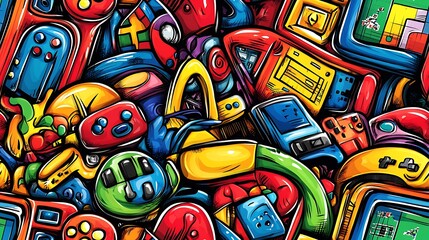 Poster - A retro gaming-themed doodle pattern showcasing vintage game consoles, joysticks, arcade screens, and pixelated icons, surrounded by bright neon color splashes, nostalgic and dynamic, hd quality,