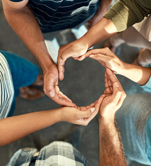 Poster - Creative business people, hands together and circle for collaboration, connection or partnership above office. Group, employee or flow hand shape in team building, motivation or meeting for support