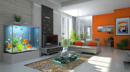 Fish tank in a contemporary living room, with soothing water and colorful fish, offering a peaceful ambiance.