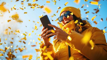 Happy woman in yellow coat celebrating with confetti and smartphone under blue sky.