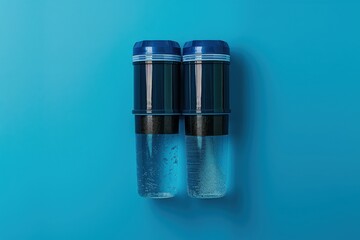 Two clear water bottles with blue caps against a bright blue background