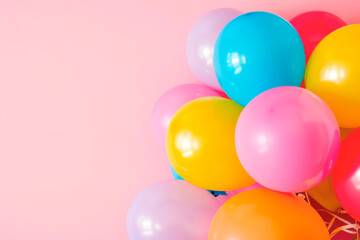 Bunch of bright balloons on a colored background. Copy space. Concept of holidays, birthday, party