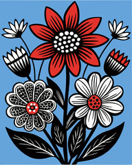 elegant floral illustration with red, black, and white flowers on blue background