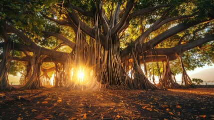 Canvas Print - A majestic banyan tree with intricate branches, roots, and leaves, illuminated by the warm glow of the setting sun.