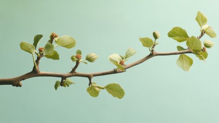 A close-up of a branch with new green leaves and buds against a pale blue background.