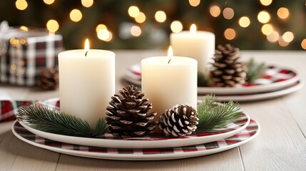 A charming rustic Christmas table setup features white candles, pine cones, and vibrant red ornaments, creating a cozy and inviting atmosphere perfect for holiday gatherings