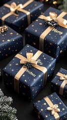 Wall Mural - Beautiful navy blue wrapping paper features shiny gold Merry Christmas text, enhanced by elegant ribbons, perfectly presenting gifts against a dark gray background