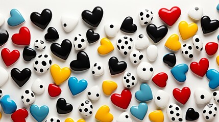 A vibrant display of colorful hearts and polka-dotted ovals arranged in a dynamic, asymmetrical pattern on a pristine white background