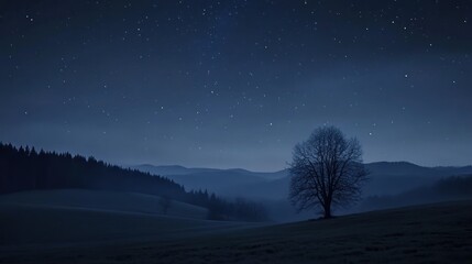 Countryside landscape under starry sky - Emphasizing the natural beauty of the countryside at night, where expansive starry skies enhance the serene landscape below, 