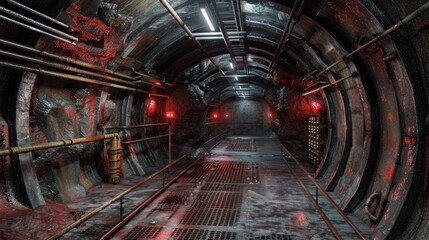 Dramatic Futuristic Sci Fi Tunnel Interior with Metallic Machinery and Moody Lighting