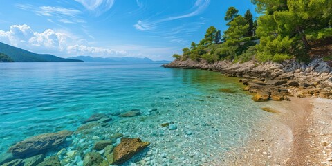 A scenic sea view with clear blue waters and a sandy beach.