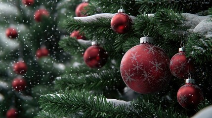 Sticker - Red ornaments adorn evergreen branches, creating a cheerful holiday atmosphere against a snowy setting, ideal for seasonal decorations