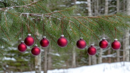 Wall Mural - Red ornaments adorn evergreen branches, creating a cheerful holiday atmosphere against a snowy setting, ideal for seasonal decorations