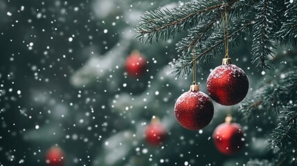 Sticker - Red ornaments adorn evergreen branches, creating a cheerful holiday atmosphere against a snowy setting, ideal for seasonal decorations