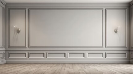 Empty room with gray walls, decorative molding and wood floor, two wall sconces on the left and right sides, featuring a blank wall for text or image.