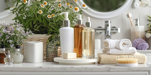 Beauty care regimen displayed on a bathroom counter.