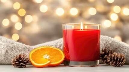 Wall Mural - A red candle with a textured surface sits on a table adorned with orange slices and pine cones, while soft background lights enhance a cozy environment